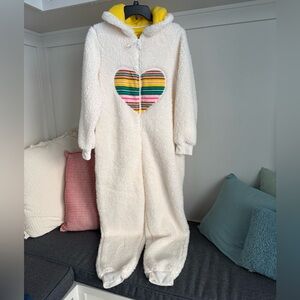 Exhilaration Sherpa Hooded Onesie with Striped Heart LLAMA Size Medium/Large